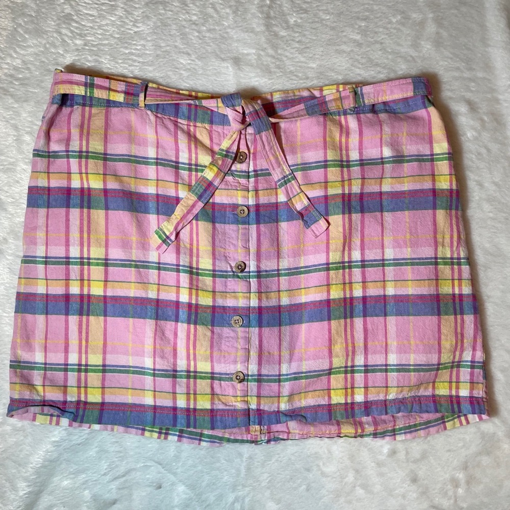 3X Pink Plaid Linen Blend Button Front Tie Waist Mini Skort Plus Size Y2K Preppy
